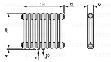 Схема (чертеж) Радиатор Zehnder Charleston 2056/9 №3470 Белый глянцевый RAL 9016